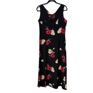 VTG Essential USA Midi Dress M Black Red Floral Sleeveless Tie Back Romantic